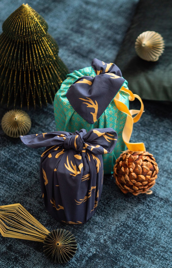 Furoshiki Gift Wrap Jade and Midnight Reindeer Fabric Gift Wrap - Double Sided (Reversible) from FabRap