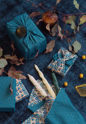 Furoshiki Gift Wrap - 3 Pack (Sizes S, M & L) Double Sided Bundle - Art Deco & Ocean (Teal Blue) from FabRap