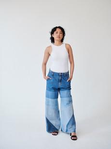 High Waisted Upcycled Oversized Flare Jeans, Blue Denim via Fanfare Label