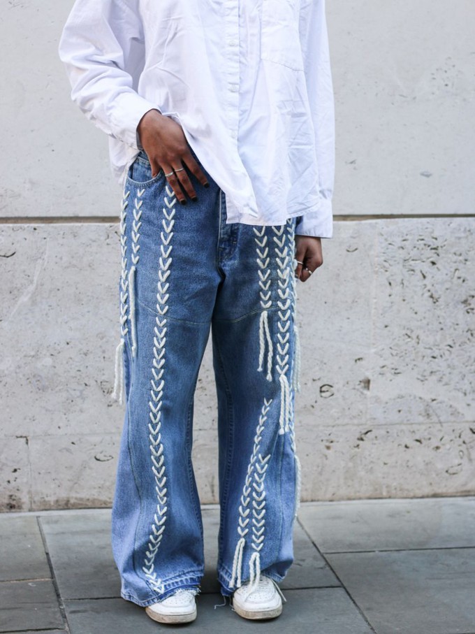 High Waisted Upcycled Thread Wide Leg Jeans from Fanfare Label