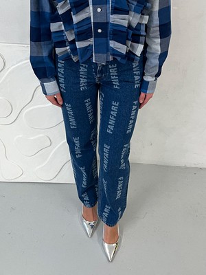 High Waisted Organic & Recycled Laser Fanfare Print Dark Blue Jeans from Fanfare Label