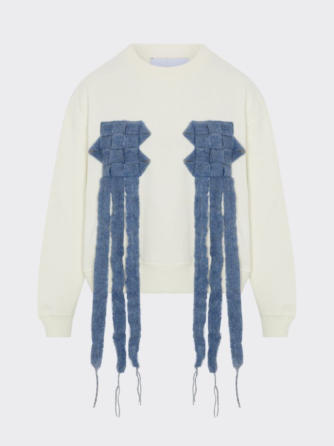 Organic Cotton White Oversized Jumper with Cross Patterned Trim from Fanfare Label