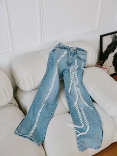 High Waisted Upcycled Thread Flare Jeans, Blue Denim via Fanfare Label