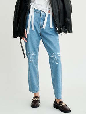 Neo Knee High Waisted Organic Mom Fit Embroidered Jeans from Fanfare Label