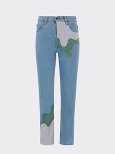 High Waisted Organic & Recycled Melt Patch Blue Jeans via Fanfare Label