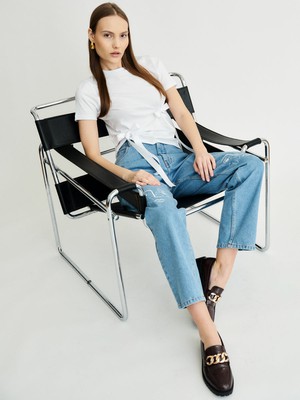 Neo Knee High Waisted Organic Mom Fit Embroidered Jeans from Fanfare Label