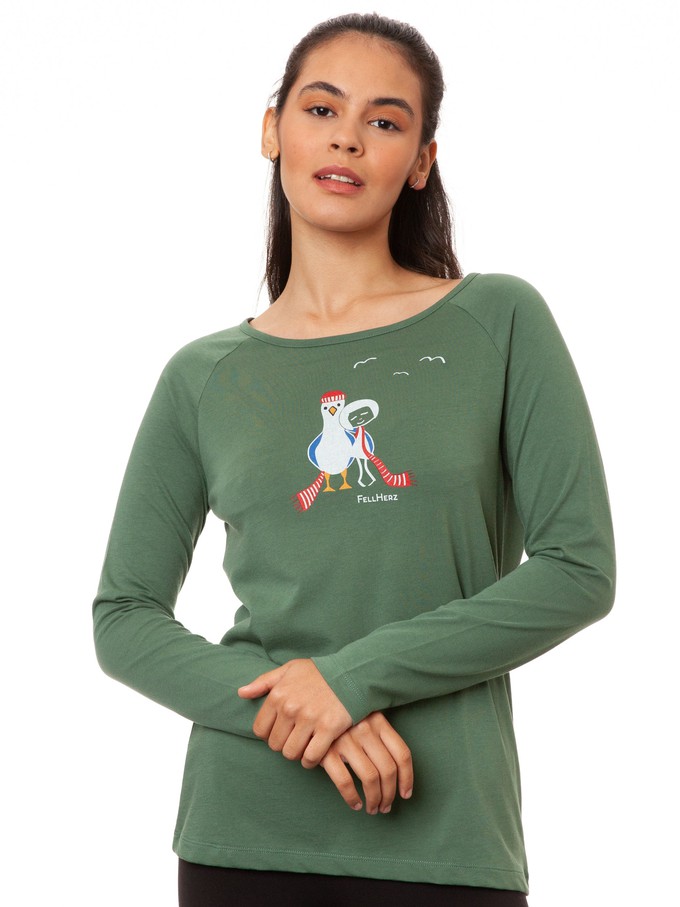 Raglan Longsleeve Möwen-Liebe ivy green from FellHerz T-Shirts - bio, fair & vegan Raglan Longsleeve Möwen-Liebe ivy green from FellHerz T-Shirts - bio, fair & vegan