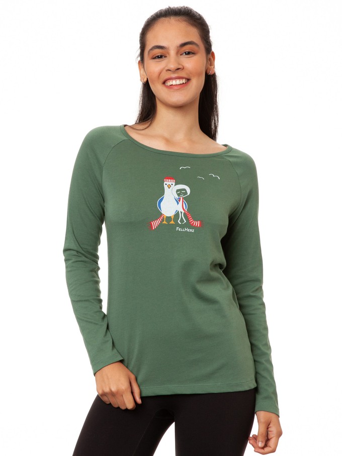 Raglan Longsleeve Möwen-Liebe ivy green from FellHerz T-Shirts - bio, fair & vegan Raglan Longsleeve Möwen-Liebe ivy green from FellHerz T-Shirts - bio, fair & vegan