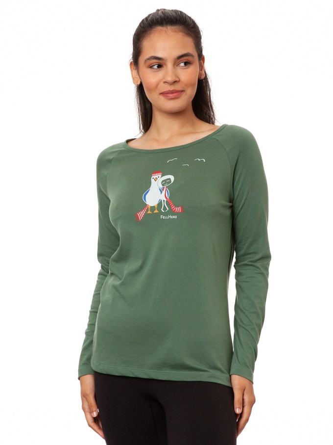 Raglan Longsleeve Möwen-Liebe ivy green from FellHerz T-Shirts - bio, fair & vegan Raglan Longsleeve Möwen-Liebe ivy green from FellHerz T-Shirts - bio, fair & vegan