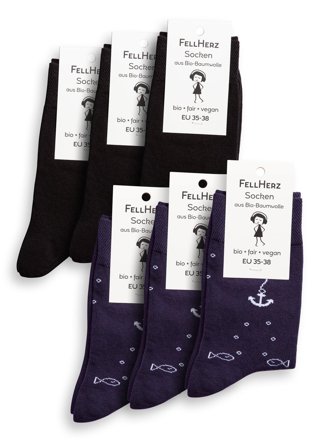 6er Pack Socken mit Bio-Baumwolle Mix Anker midnight und schwarz from FellHerz T-Shirts - bio, fair & vegan