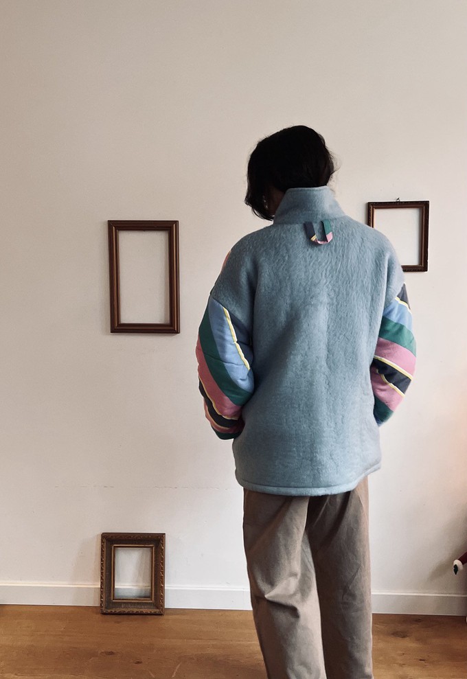 The "STRIPES SKY BLUE" Blankets Made Collar COAT - M from Fitolojio Workshop