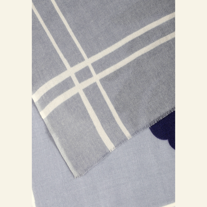 Luxury Wool-Silk Scarf – Hand-Painted Silver Grey with Deep Blue & Charcoal Floral Design from Heritage Moda