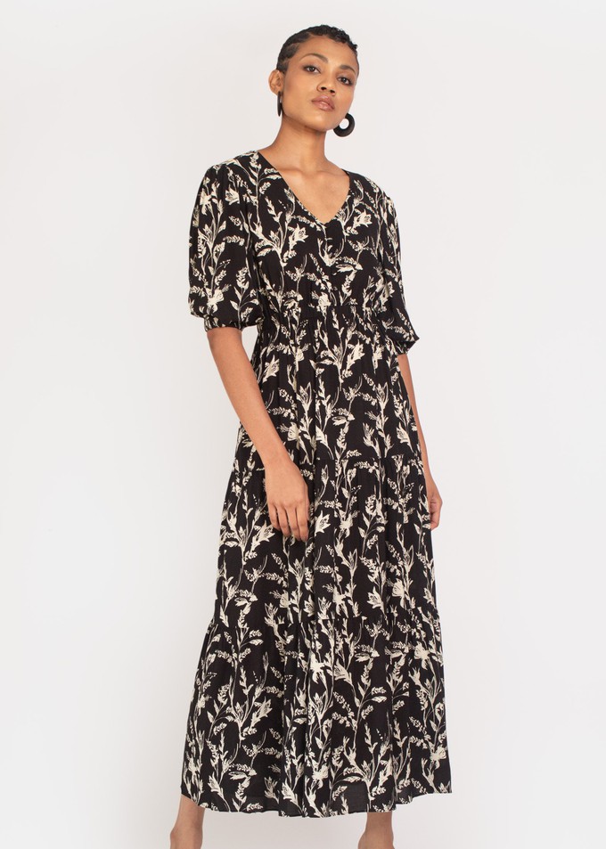 Kalmia Tiered Maxi dress in Black and white sketch floral from Hide The Label