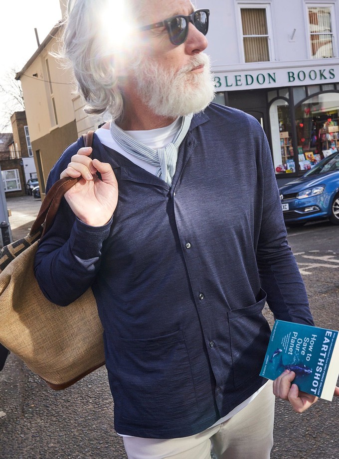 ZQ Merino Wool Jersey Navy Stripe Jersey Cardigan from Neem London