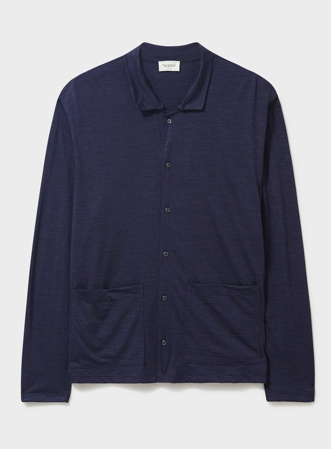 ZQ Merino Wool Jersey Navy Stripe Jersey Cardigan from Neem London