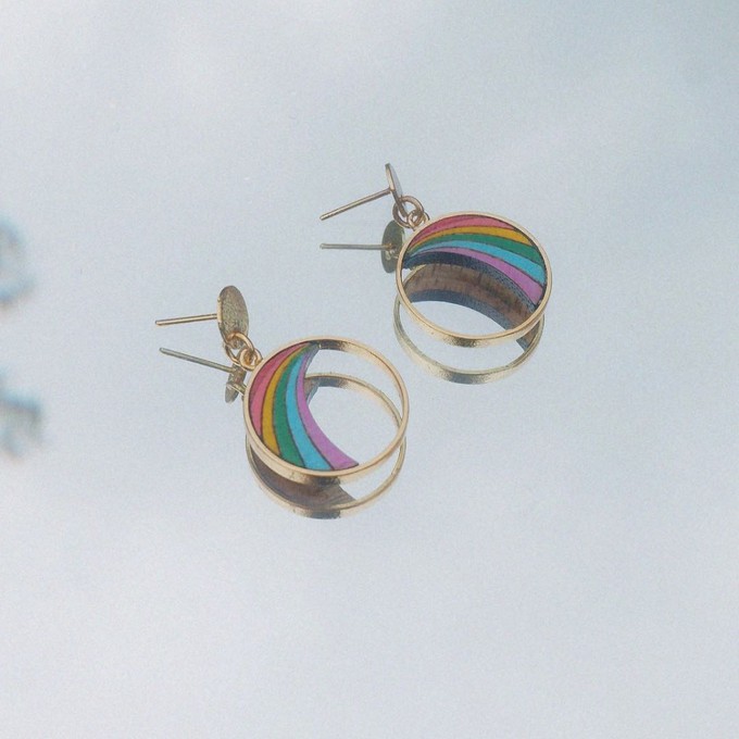 Rainbow Eco-friendly Recycled Wood Gold Earrings from Paguro Upcycle