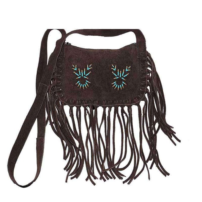Fringed Shoulder Bag Brown - Canadian Native Beads Design from Quetzal Artisan