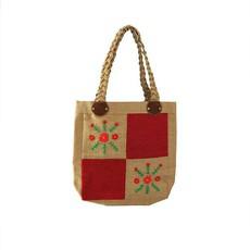Jute Bag Red Flowers - Natural Jute - Handmade and Fairtrade via Quetzal Artisan