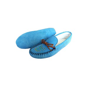Suede Moccasins Skyblue - Hiawatha Womens Winter Slippers from Quetzal Artisan
