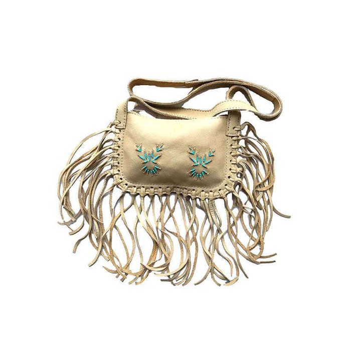 Fringed Shoulder Bag Beige - Native Canadian Small Beads Bag from Quetzal Artisan