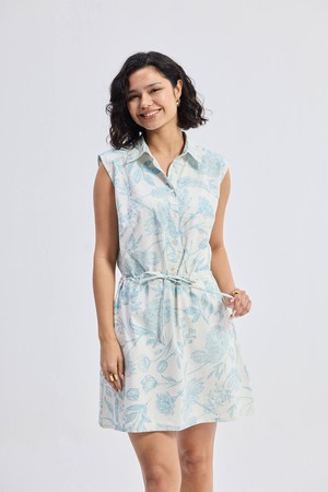 Drawstring Shirt Dress in Blue Florals from Reistor