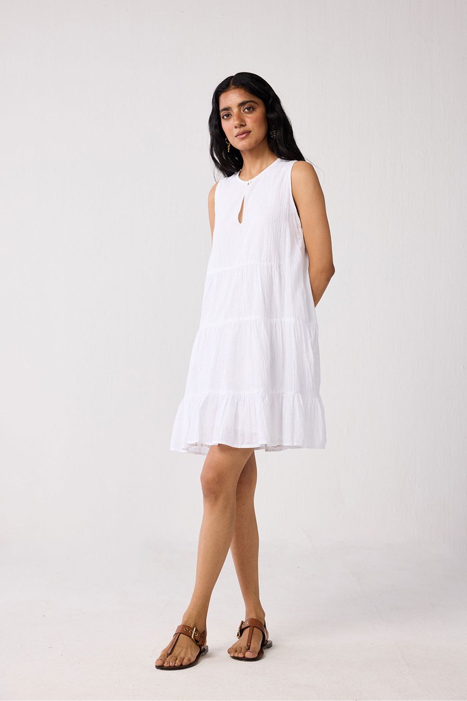 Embroidered Everyday Sleeveless Short Tiered Dress in White from Reistor