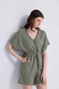 V neck Drawstring Romper in Dark Green via Reistor