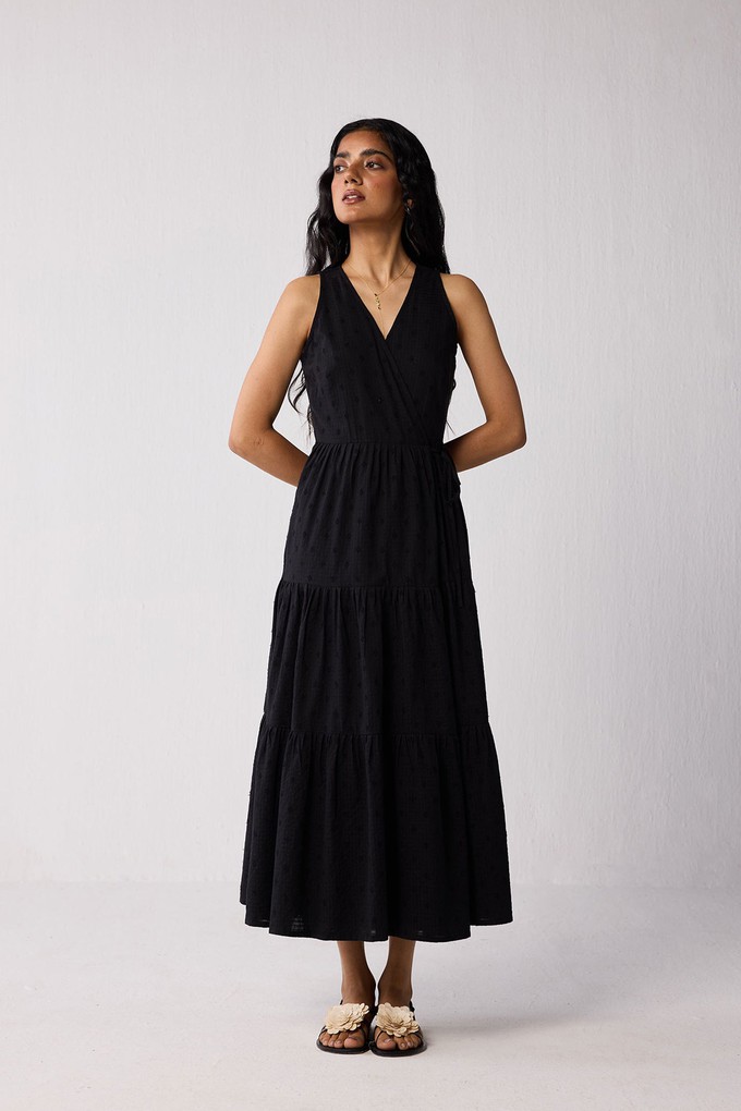 Sleeveless Embroidered Wrap Dress with Tiers in Black from Reistor