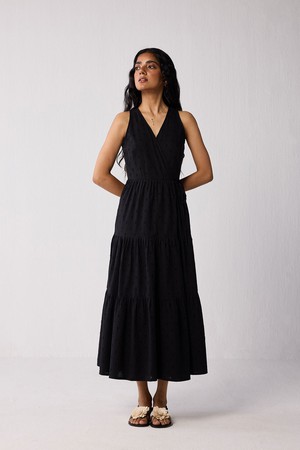 Sleeveless Embroidered Wrap Dress with Tiers in Black from Reistor