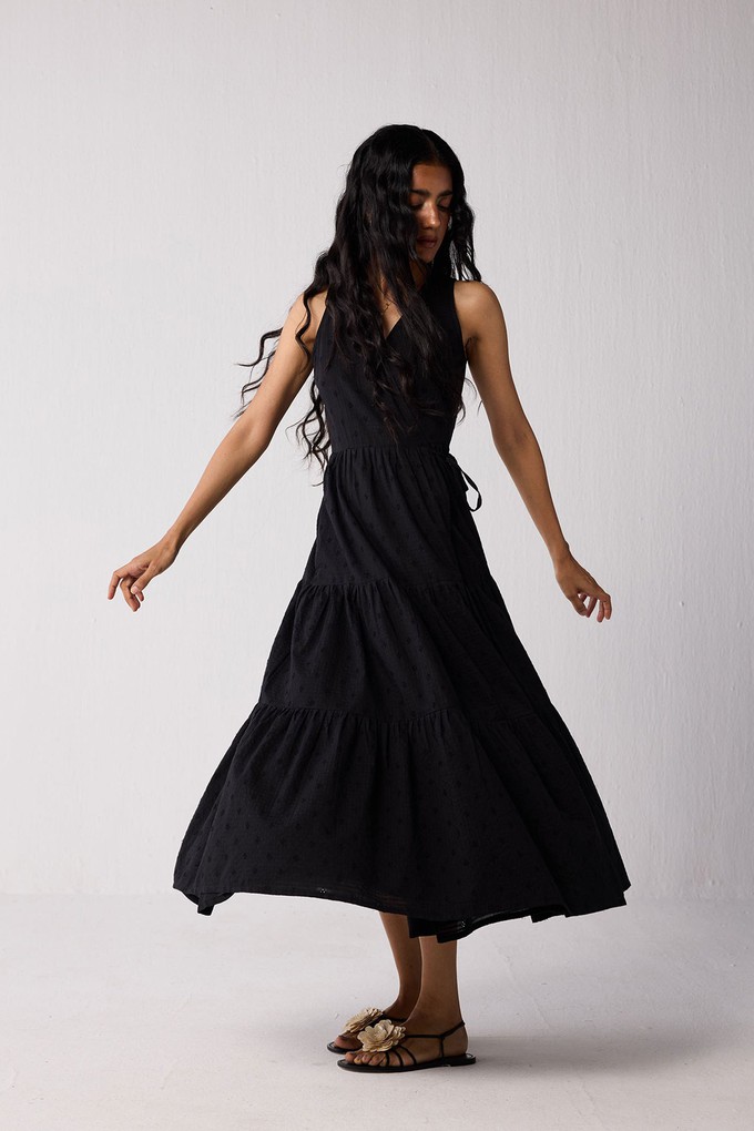 Sleeveless Embroidered Wrap Dress with Tiers in Black from Reistor