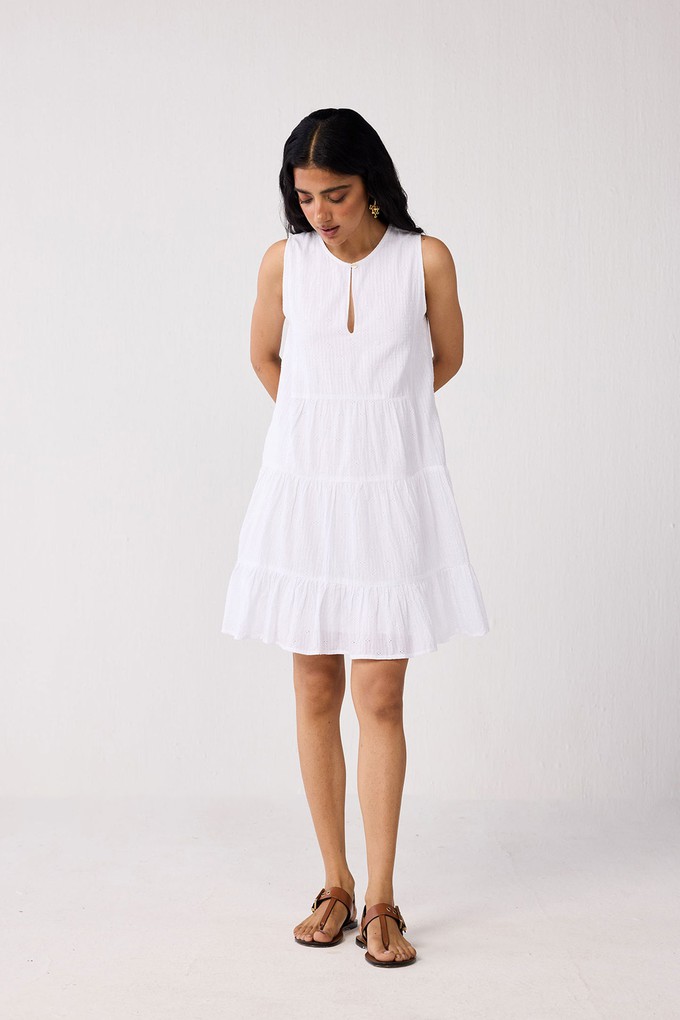 Embroidered Everyday Sleeveless Short Tiered Dress in White from Reistor