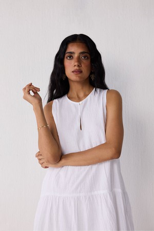 Embroidered Everyday Sleeveless Short Tiered Dress in White from Reistor