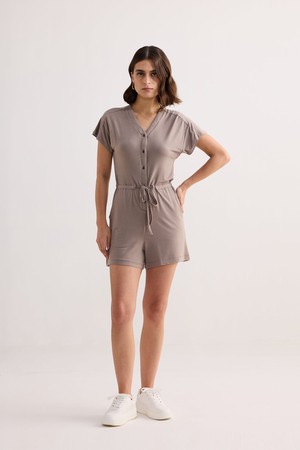 V-neck Drawstring Knit Romper in Earth Grey from Reistor