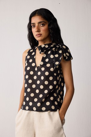 Regular V-Neck Polka Dot Top with Bow Detail from Reistor