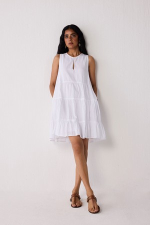 Embroidered Everyday Sleeveless Short Tiered Dress in White from Reistor