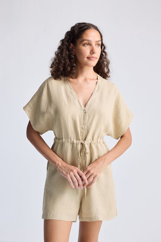 V neck Drawstring Romper in Neutral Beige from Reistor V neck Drawstring Romper in Neutral Beige from Reistor