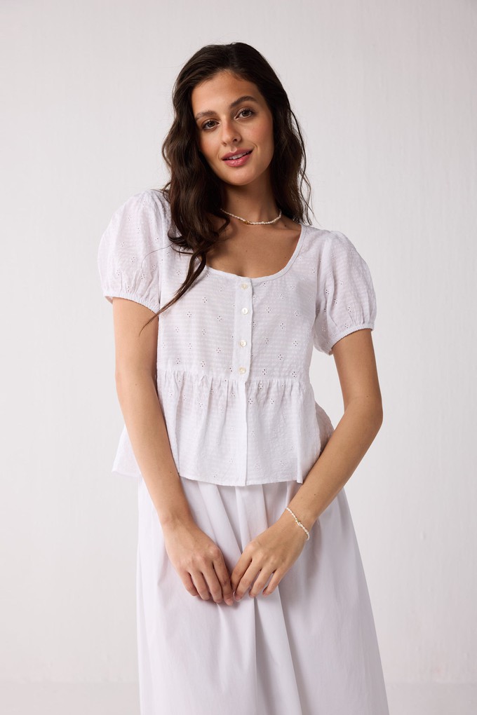 Embroidered Peplum Top with Puff Sleeves in White from Reistor