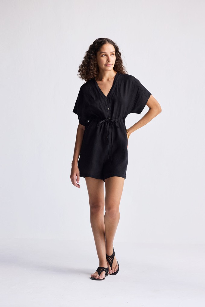 V neck Drawstring Romper in Black from Reistor