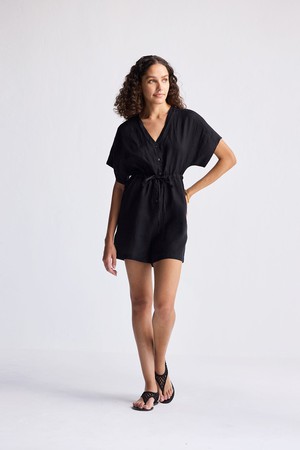 V neck Drawstring Romper in Black from Reistor