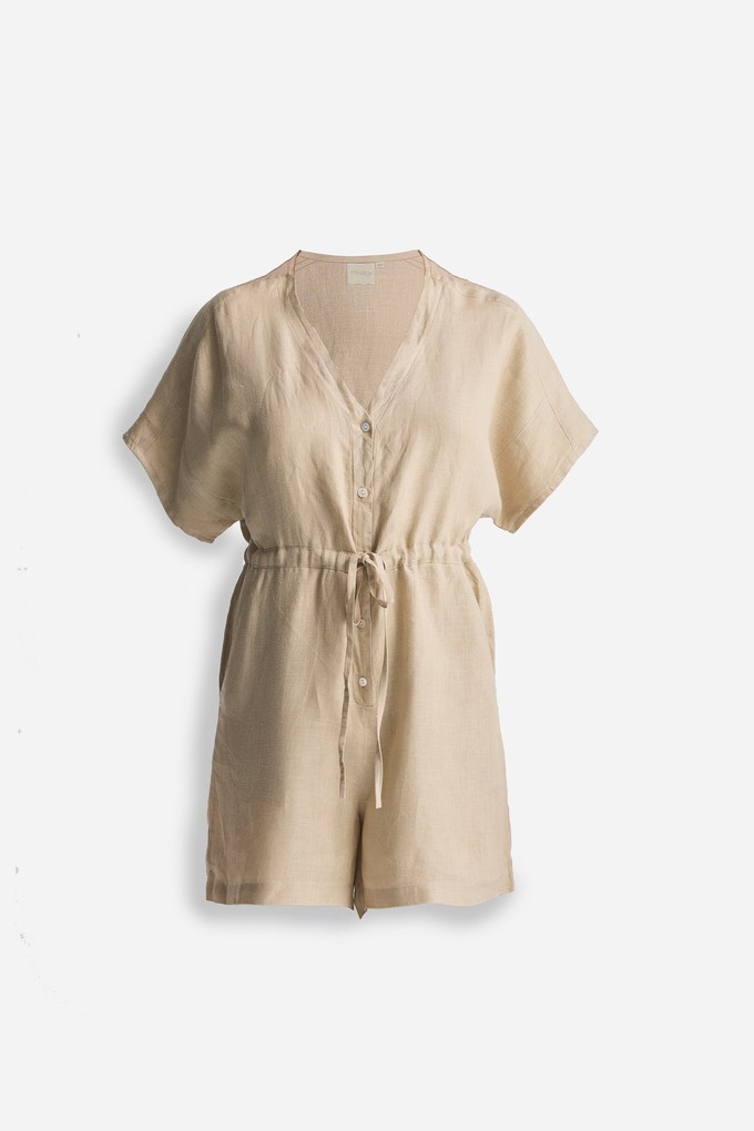 V neck Drawstring Romper in Neutral Beige from Reistor V neck Drawstring Romper in Neutral Beige from Reistor