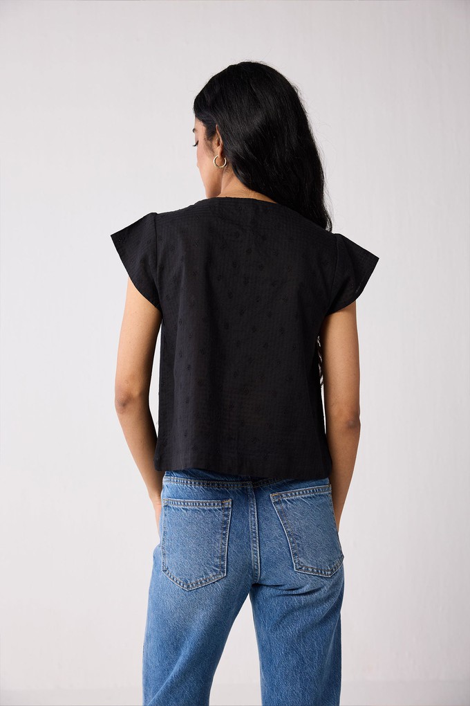 V-Neck Embroidered Top with Front Buttons in Black from Reistor
