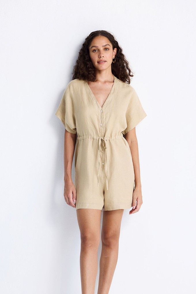 V neck Drawstring Romper in Neutral Beige from Reistor V neck Drawstring Romper in Neutral Beige from Reistor