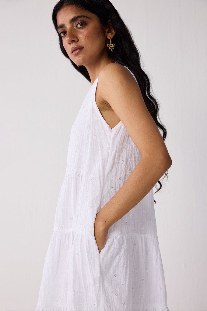 Embroidered Everyday Sleeveless Short Tiered Dress in White from Reistor