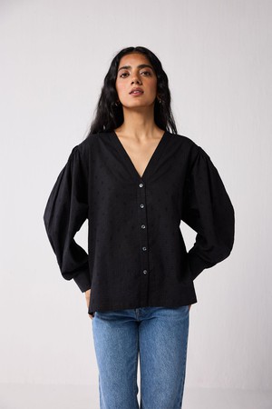 Embroidered Shirt with Long Balloon Sleeves in Black from Reistor