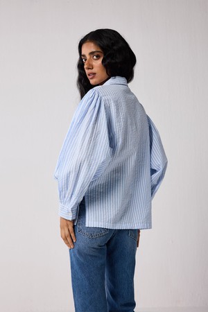Striped Shirt with Long Balloon Sleeves in Blue from Reistor