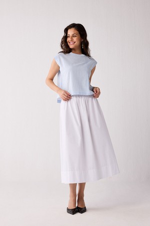 Button-Back Crew Neck Top in Blue Stripes from Reistor