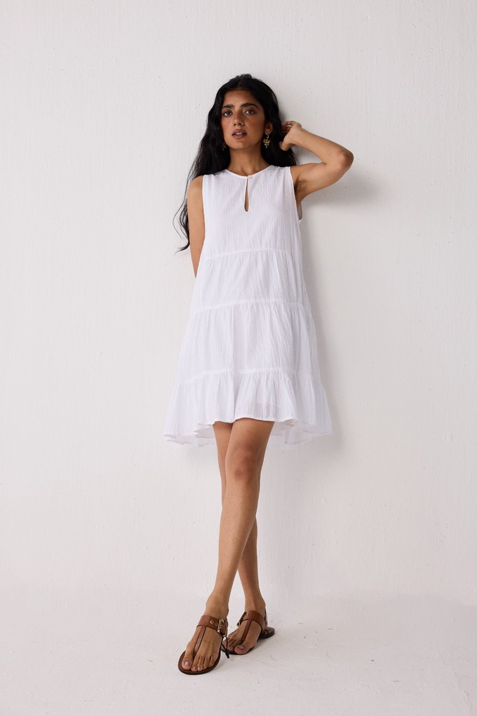 Embroidered Everyday Sleeveless Short Tiered Dress in White from Reistor