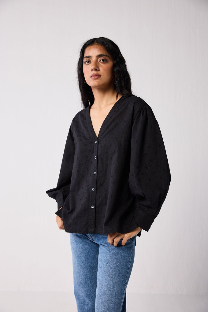 Embroidered Shirt with Long Balloon Sleeves in Black from Reistor