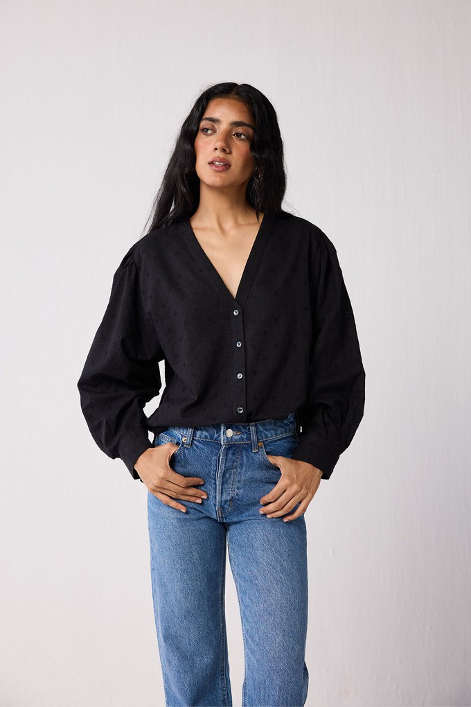 Embroidered Shirt with Long Balloon Sleeves in Black from Reistor