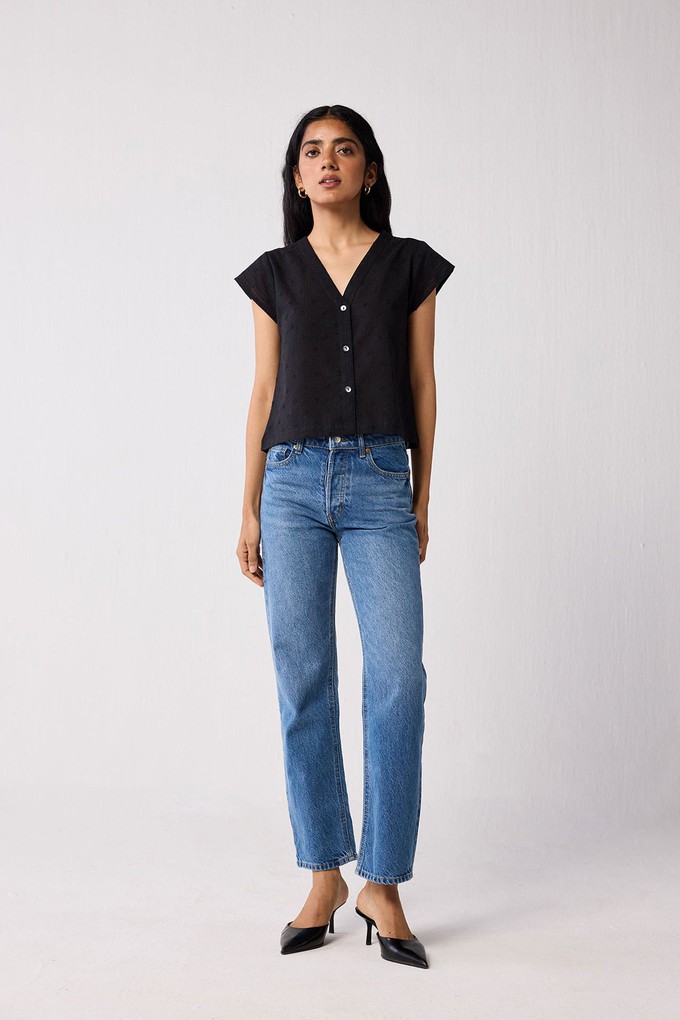 V-Neck Embroidered Top with Front Buttons in Black from Reistor